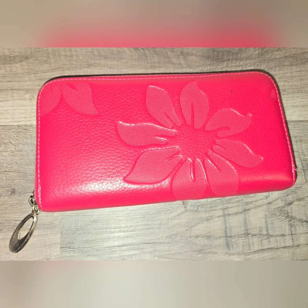 Pink Floral Embossed Zippered Wallet Clutch, Card Slots & Change Pocket